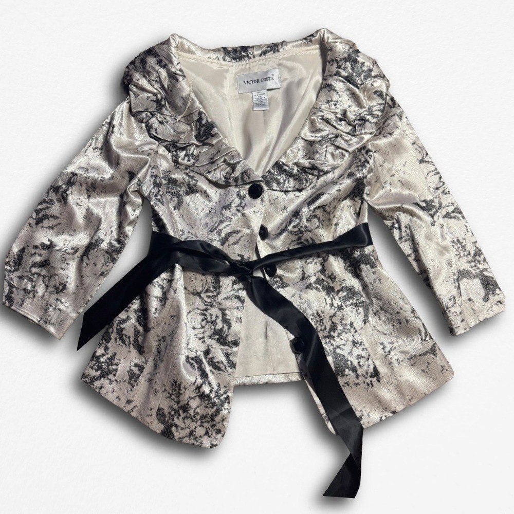 Victor Costa Silver Black Floral‎ Brocade Ruffle Collar Belted Evening Jacket 6